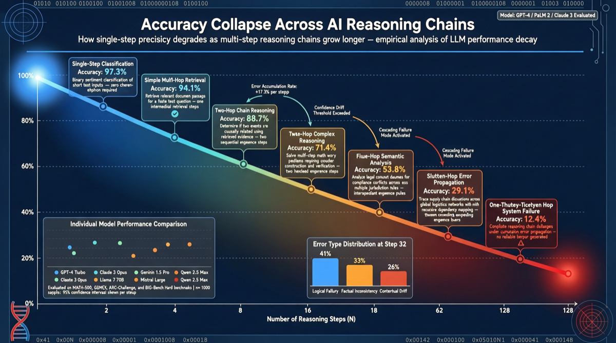 Oxford/LLNL Chain-of-Thought Benchmark: GPT 95.7% Single, Collapses to 9.83% Chained