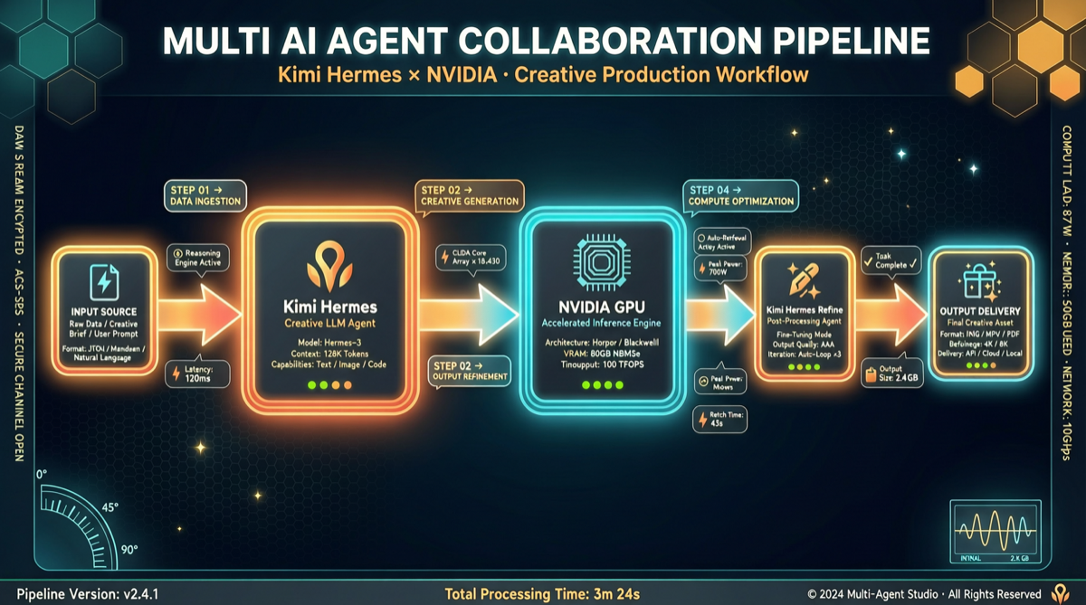 Hermes Agent Creative Hackathon: Multi-Model Collaboration with Kimi Planning + Hermes Pipeline + DGX Rendering